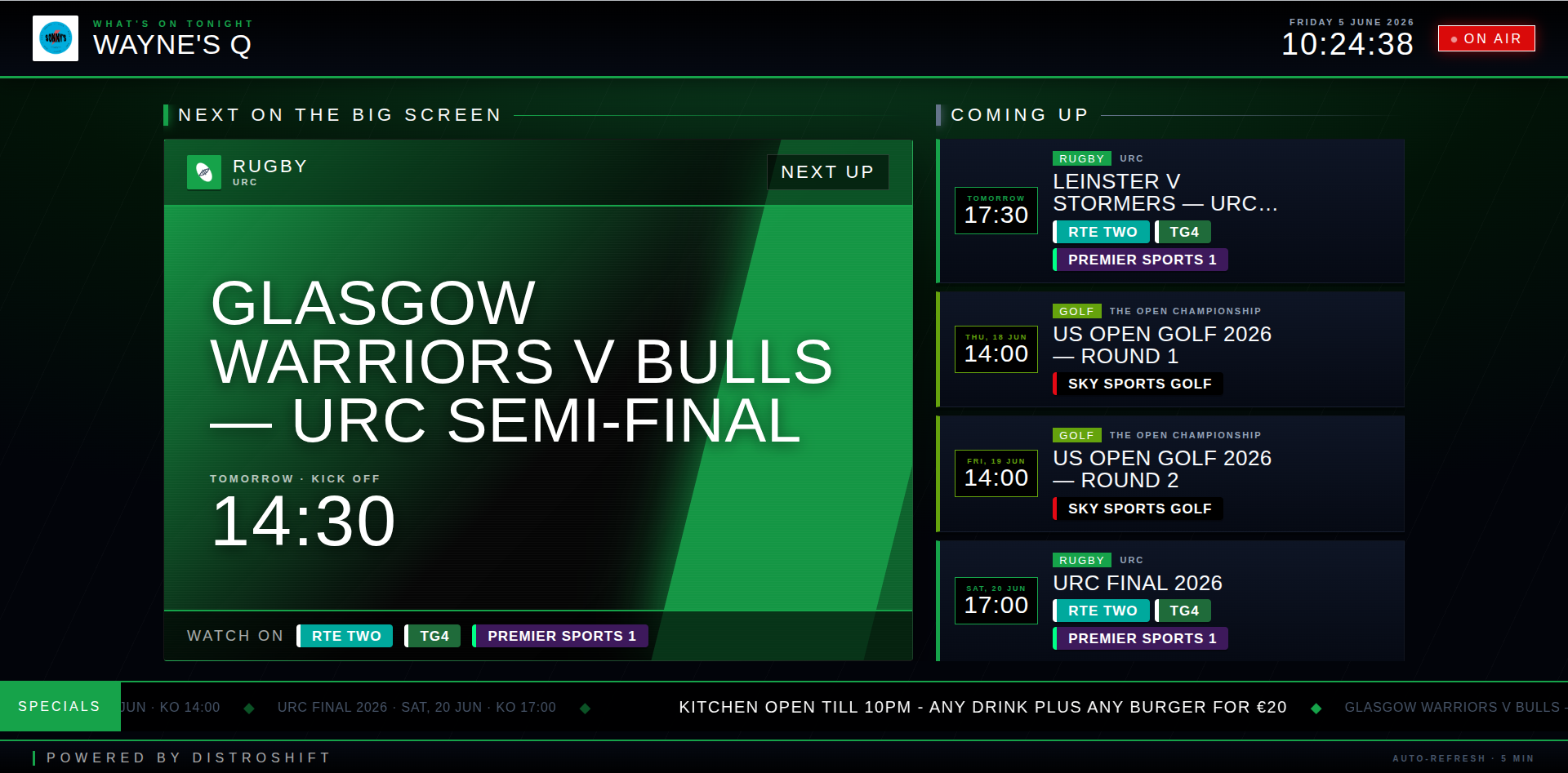 What's On display screen showing URC Semi-Final 1 on a venue TV